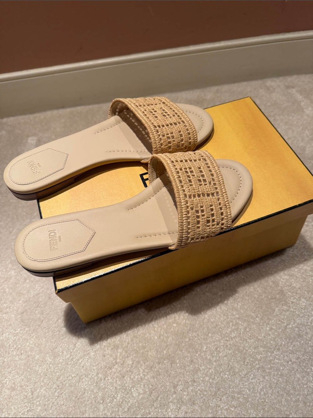 Fendi Beige Raffia Band Slide Sandals